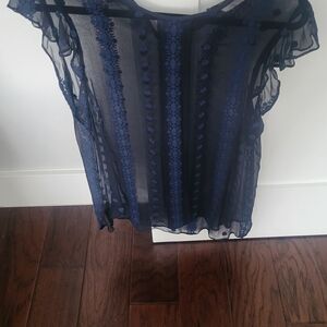 Navy Sheer Lace-Detail Women's Blouse